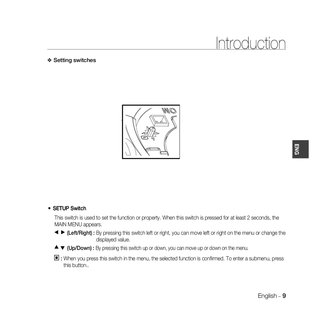 Samsung SCC-B5398P, SCC-B5396P, SCC-B5398BP manual Setting switches Setup Switch 