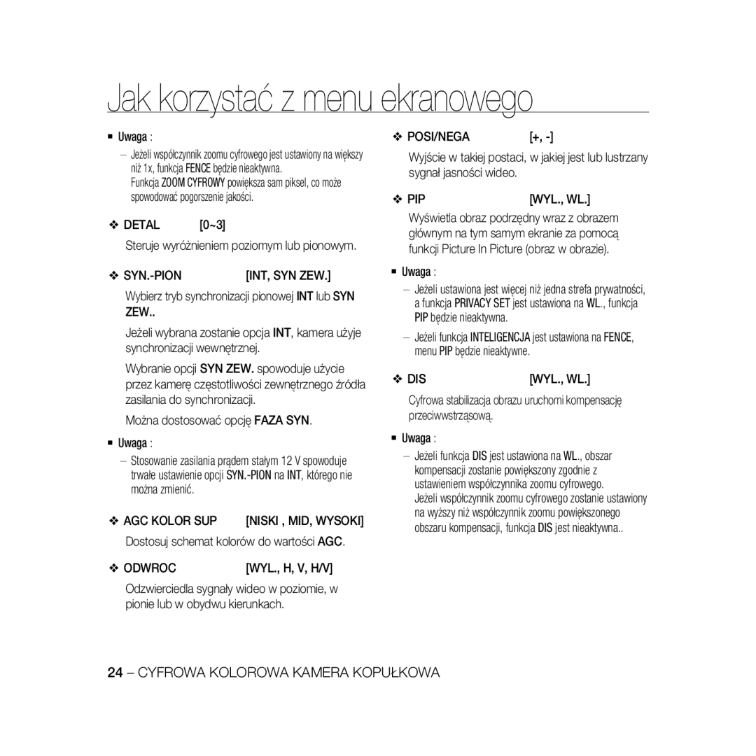 Samsung SCC-B5398BP, SCC-B5398P, SCC-B5396P manual Syn.-Pion, Zew, AGC Kolor SUP, Odwroc 