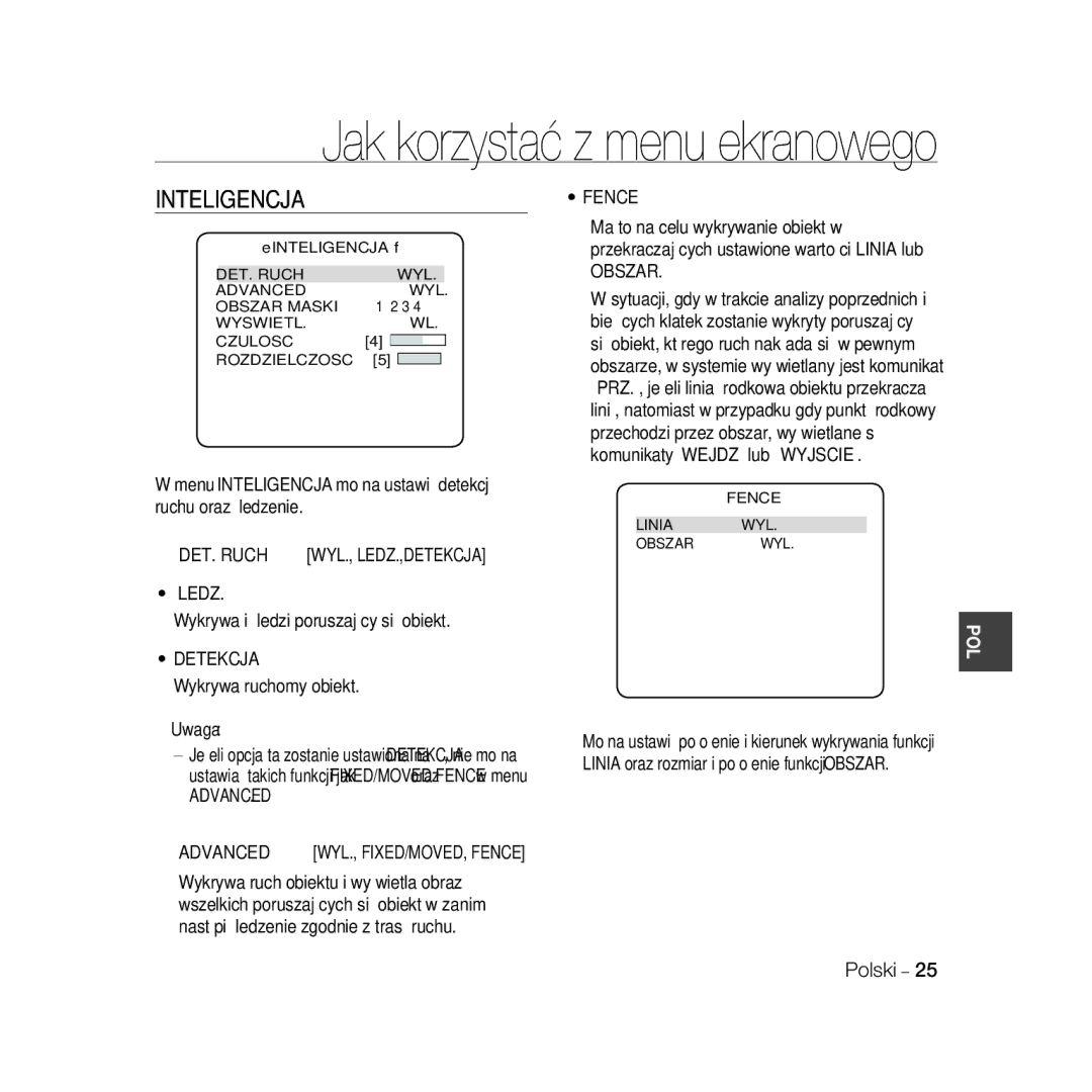 Samsung SCC-B5398P, SCC-B5396P, SCC-B5398BP manual Inteligencja, Śledz, Detekcja, Advanced Fence, Obszar 