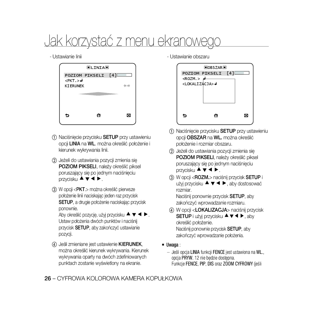 Samsung SCC-B5396P, SCC-B5398P Ustawianie linii, Ustawianie obszaru, Poruszający się po jednym naciśnięciu przycisku cdef 