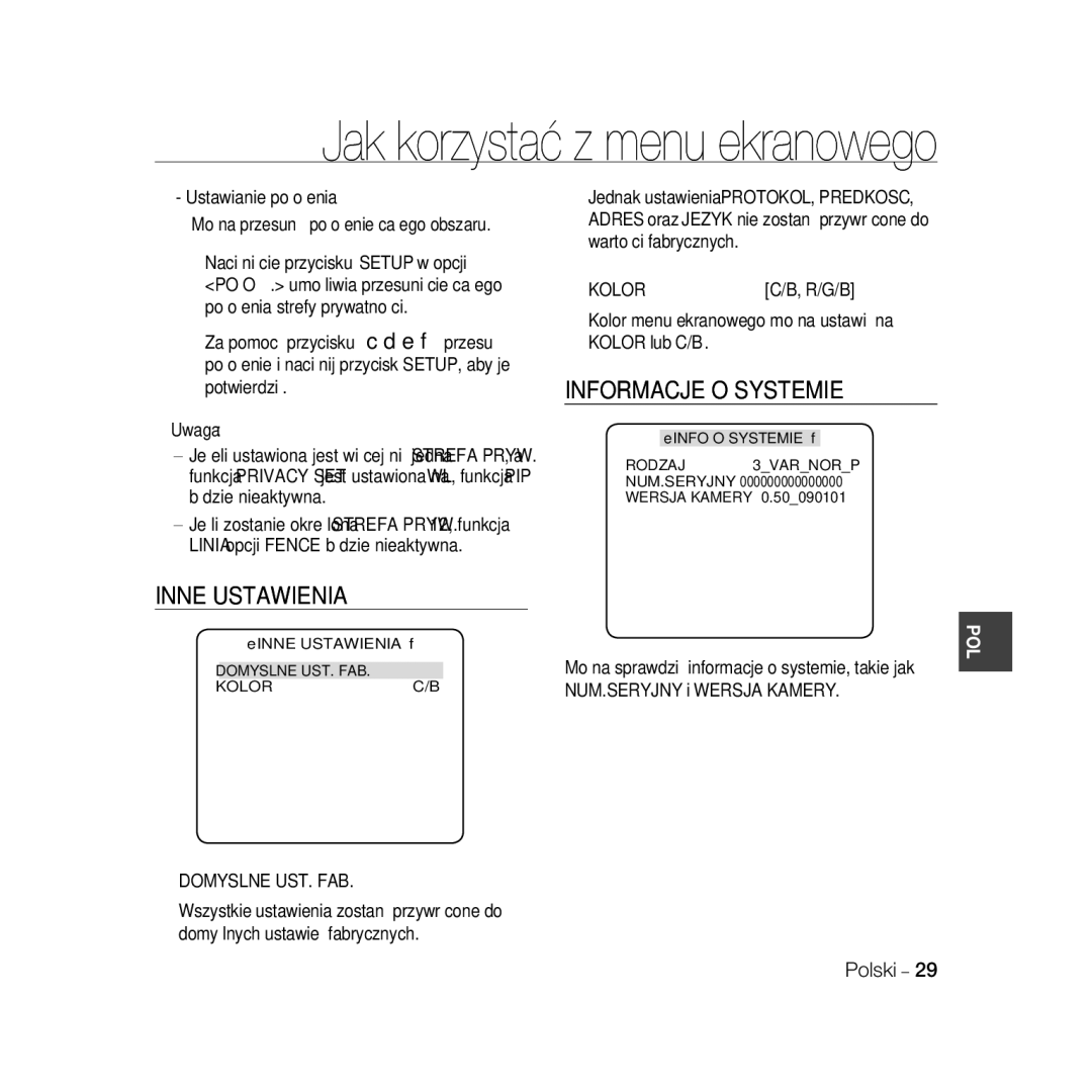 Samsung SCC-B5396P manual Informacje O Systemie, Inne Ustawienia, Kolor menu ekranowego można ustawić na Kolor lub C/B 