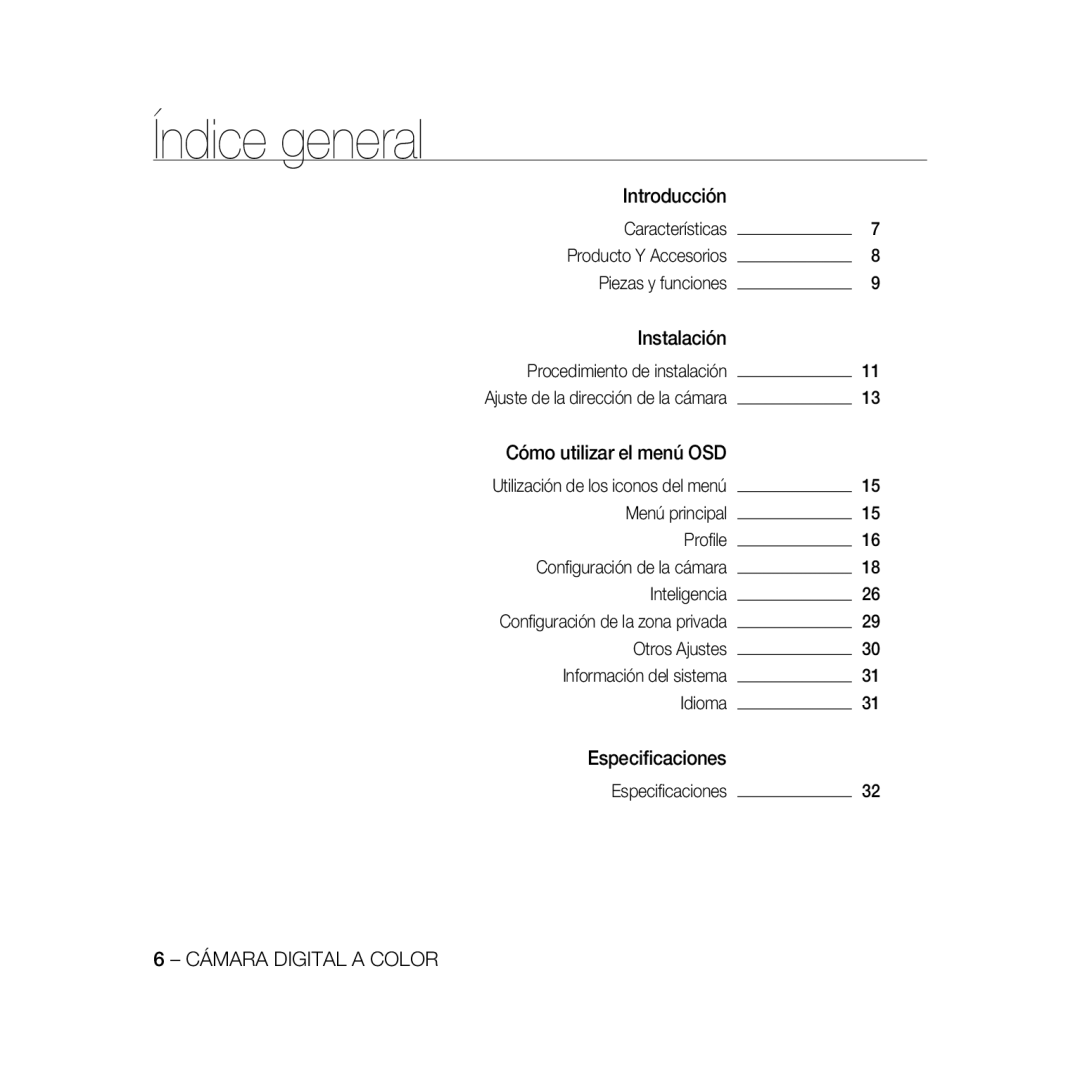 Samsung SCC-B5396P, SCC-B5398P, SCC-B5398BP manual Índice general 