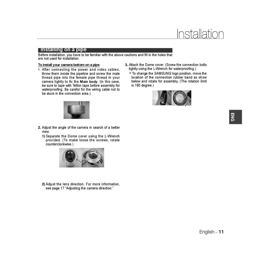 Samsung SCC-B5398BP, SCC-B5398P, SCC-B5396P manual Installing on a pipe 