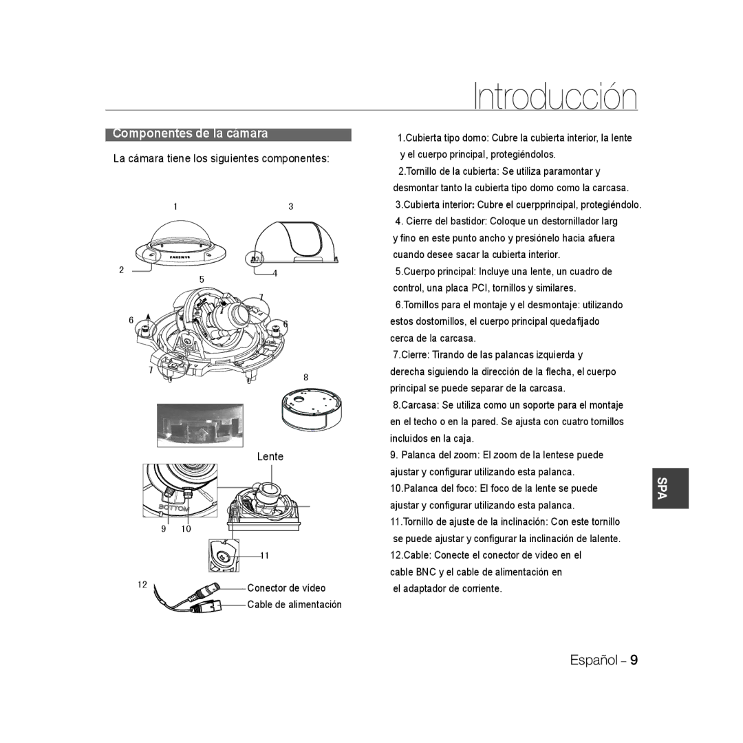 Samsung SCC-B5396P, SCC-B5398P, SCC-B5398BP manual Componentes de la cámara, La cámara tiene los siguientes componentes Lente 