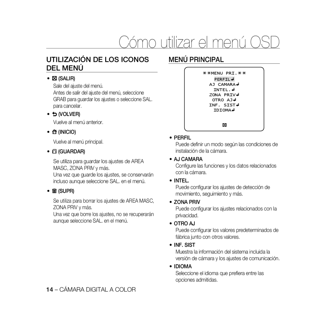 Samsung SCC-B5398P, SCC-B5396P, SCC-B5398BP Utilización DE LOS Iconos DEL Menú, Menú Principal, 14 Cámara Digital a Color 