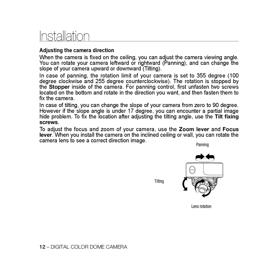 Samsung SCC-B5398P, SCC-B5396P, SCC-B5398BP manual Adjusting the camera direction, Panning Tilting Lens rotation 