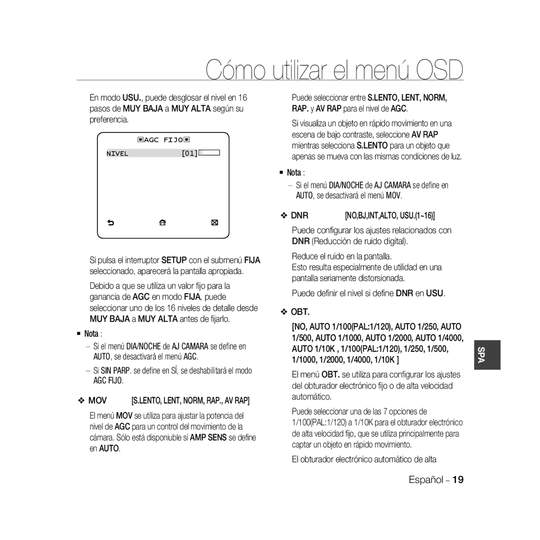 Samsung SCC-B5398BP, SCC-B5398P, SCC-B5396P manual  Nota, AGC Fijo, Mov, El obturador electrónico automático de alta 