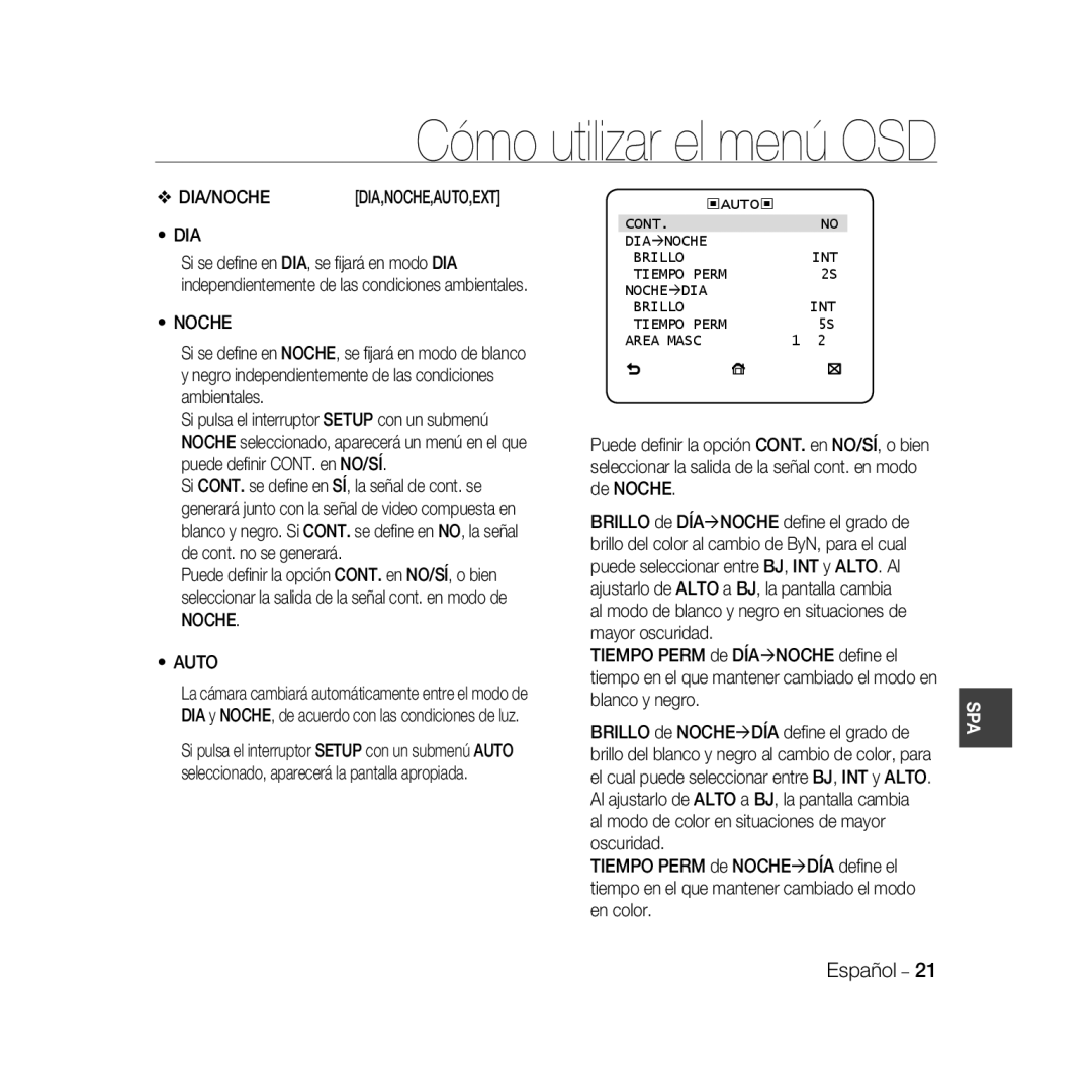 Samsung SCC-B5396P, SCC-B5398P, SCC-B5398BP manual Dia, Noche Auto 