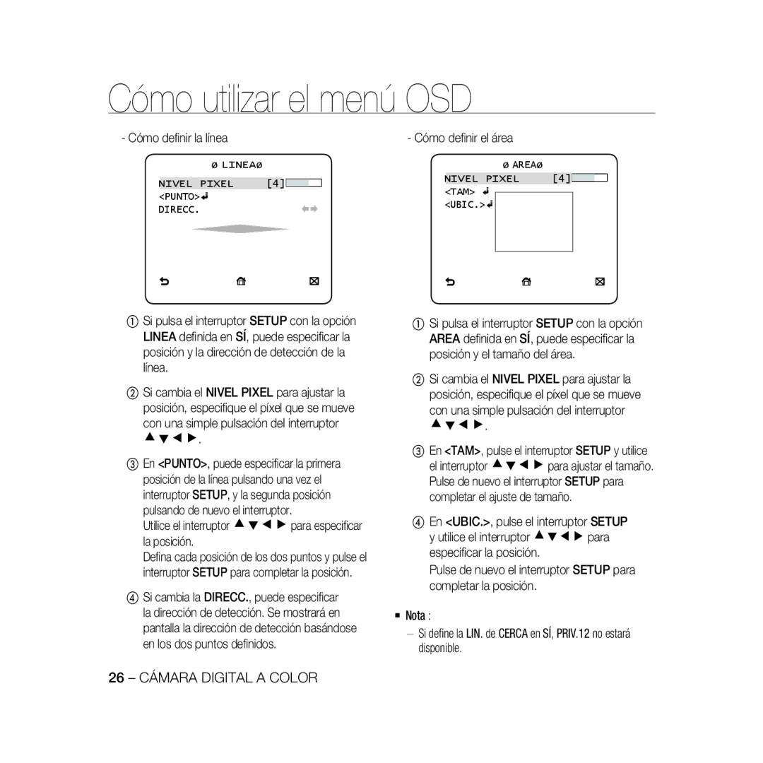 Samsung SCC-B5398P 26 Cámara Digital a Color, Cómo deﬁnir la línea, Cómo deﬁnir el área, Linea Nivel Pixel Punto Direcc 