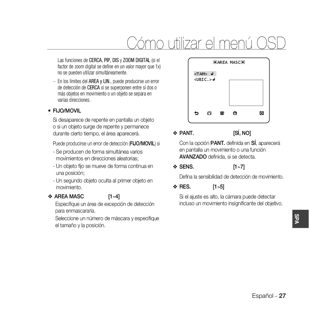 Samsung SCC-B5396P, SCC-B5398P, SCC-B5398BP manual Fijo/Movil, Pant, Sens, Res 