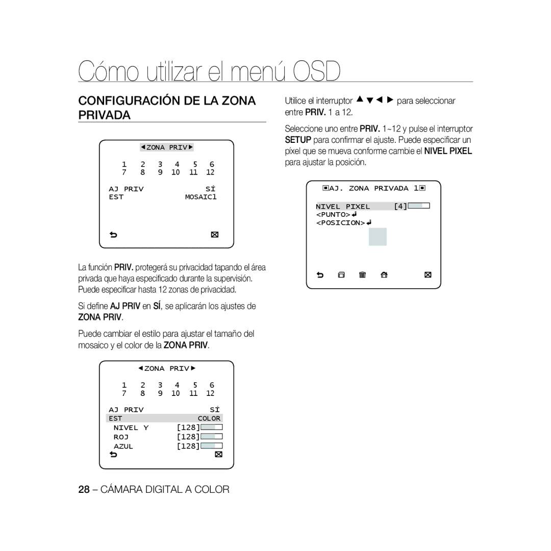 Samsung SCC-B5398BP, SCC-B5398P, SCC-B5396P manual Configuración DE LA Zona Privada, 28 Cámara Digital a Color 