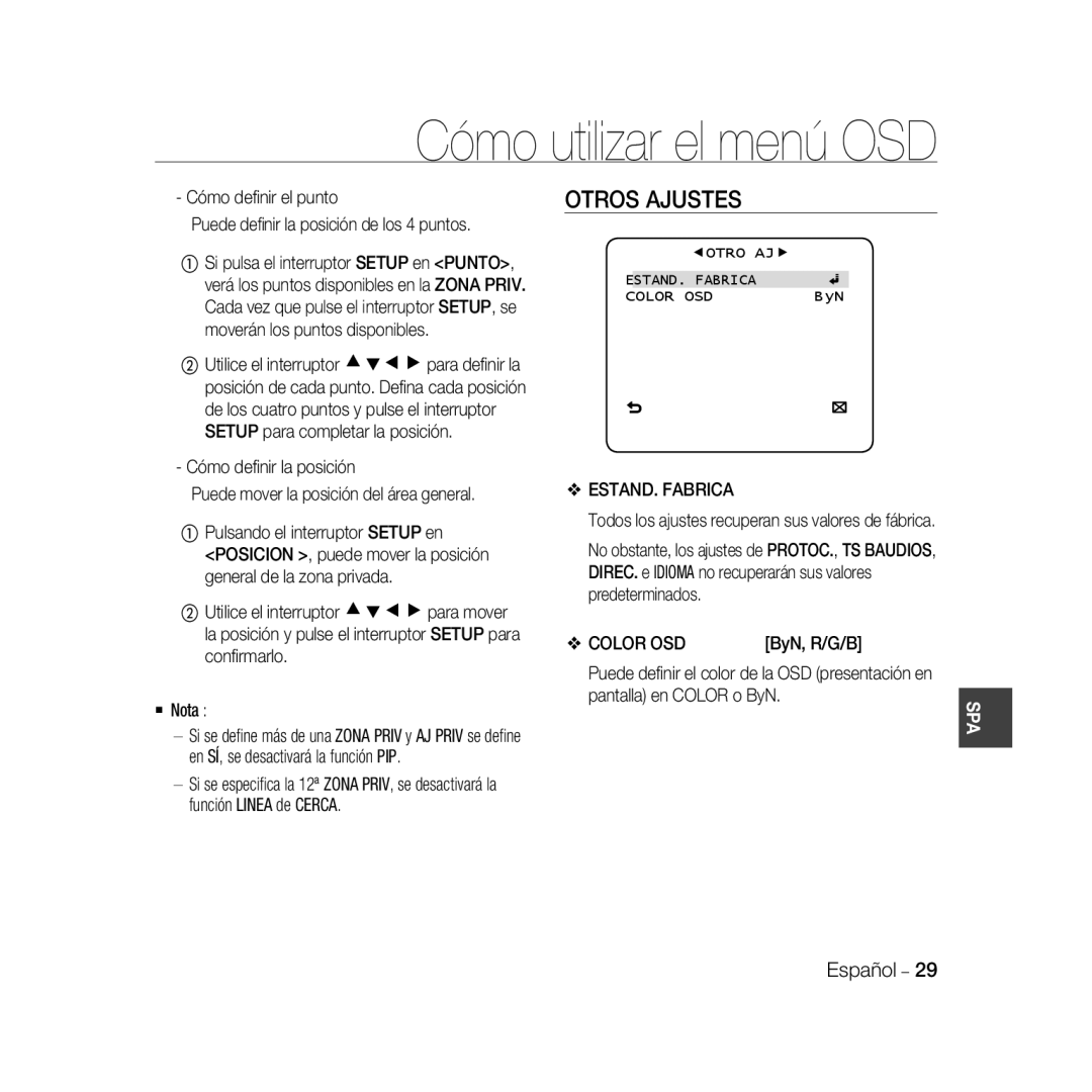 Samsung SCC-B5398P, SCC-B5396P, SCC-B5398BP manual Otros Ajustes, ByN, R/G/B, ESTAND. Fabrica Color OSD 