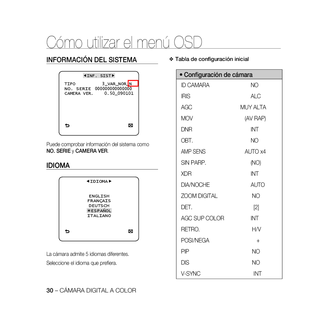 Samsung SCC-B5396P, SCC-B5398P, SCC-B5398BP manual Información DEL Sistema, Idioma 