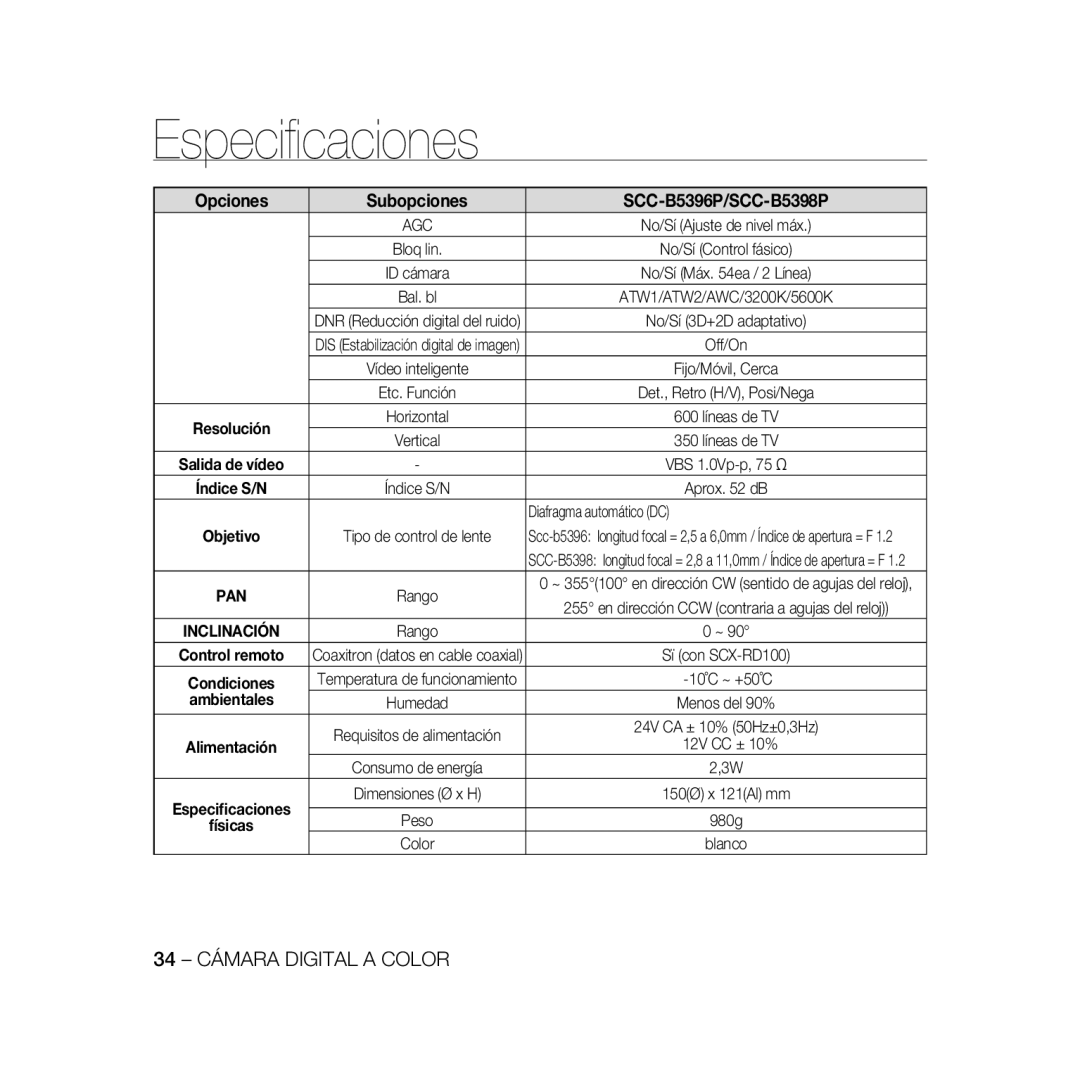 Samsung SCC-B5398BP, SCC-B5398P, SCC-B5396P manual 34 Cámara Digital a Color, 12V CC ± 10% 