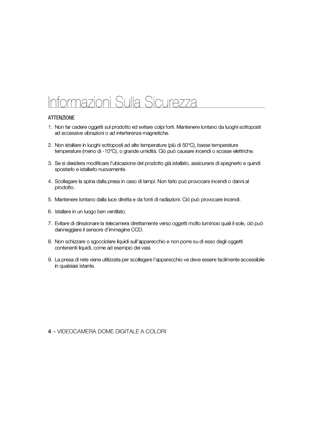 Samsung SCC-B5396P, SCC-B5398P, SCC-B5398BP manual Attenzione 