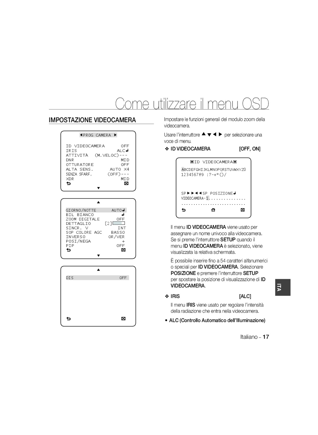 Samsung SCC-B5398BP, SCC-B5398P, SCC-B5396P manual Impostazione Videocamera, ID VIDEOCAMERAOFF, on, Videocamera Iris ALC 