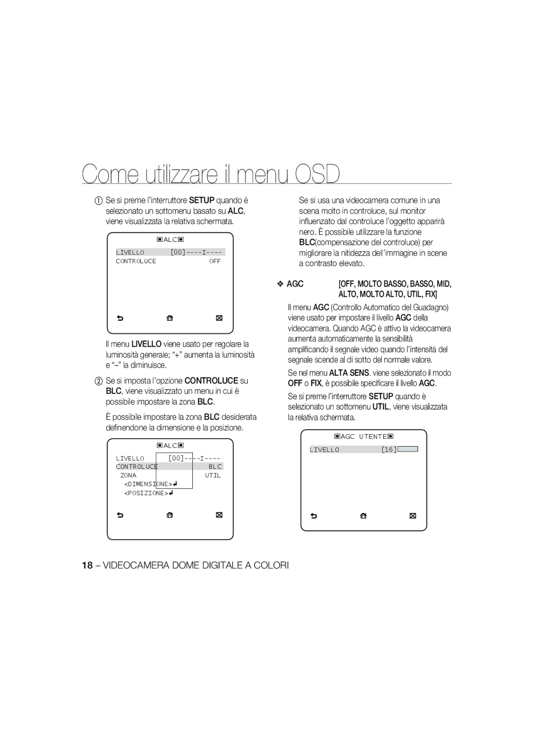 Samsung SCC-B5398P, SCC-B5396P, SCC-B5398BP manual Agc, ALTO, Molto ALTO, UTIL, FIX 