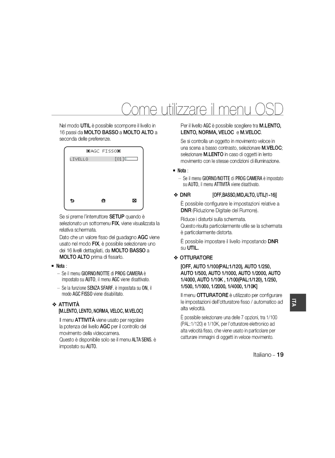 Samsung SCC-B5396P, SCC-B5398P, SCC-B5398BP manual Attività, Otturatore 