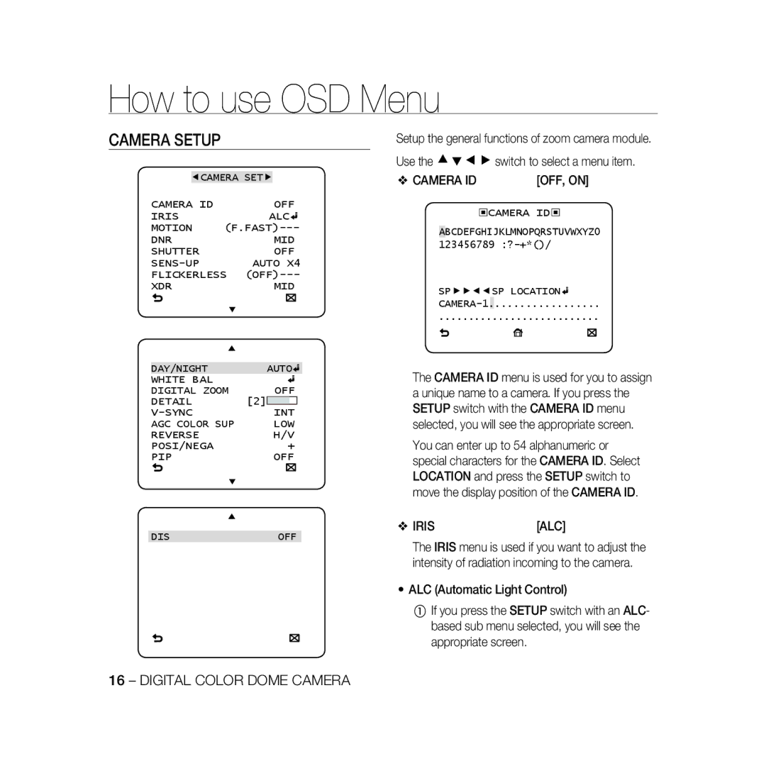 Samsung SCC-B5396P, SCC-B5398P, SCC-B5398BP manual Camera Setup, Camera ID OFF, on, Iris ALC 