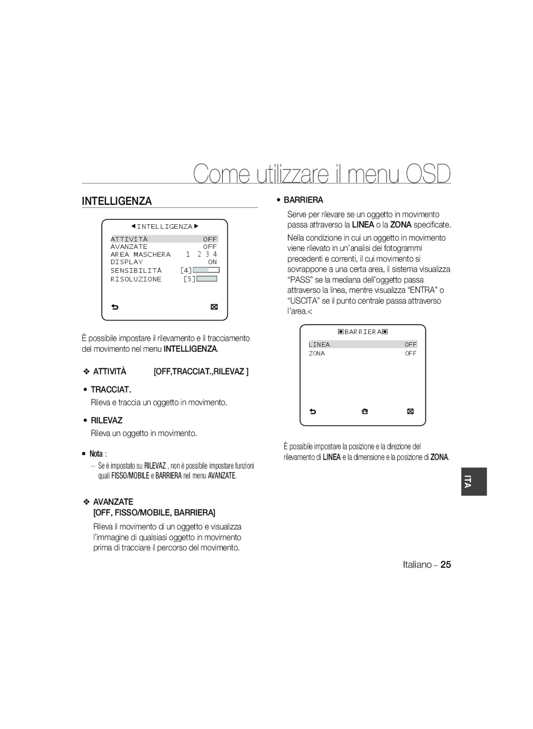 Samsung SCC-B5396P, SCC-B5398P, SCC-B5398BP manual Intelligenza, Tracciat, Rilevaz, Avanzate OFF, FISSO/MOBILE, Barriera 