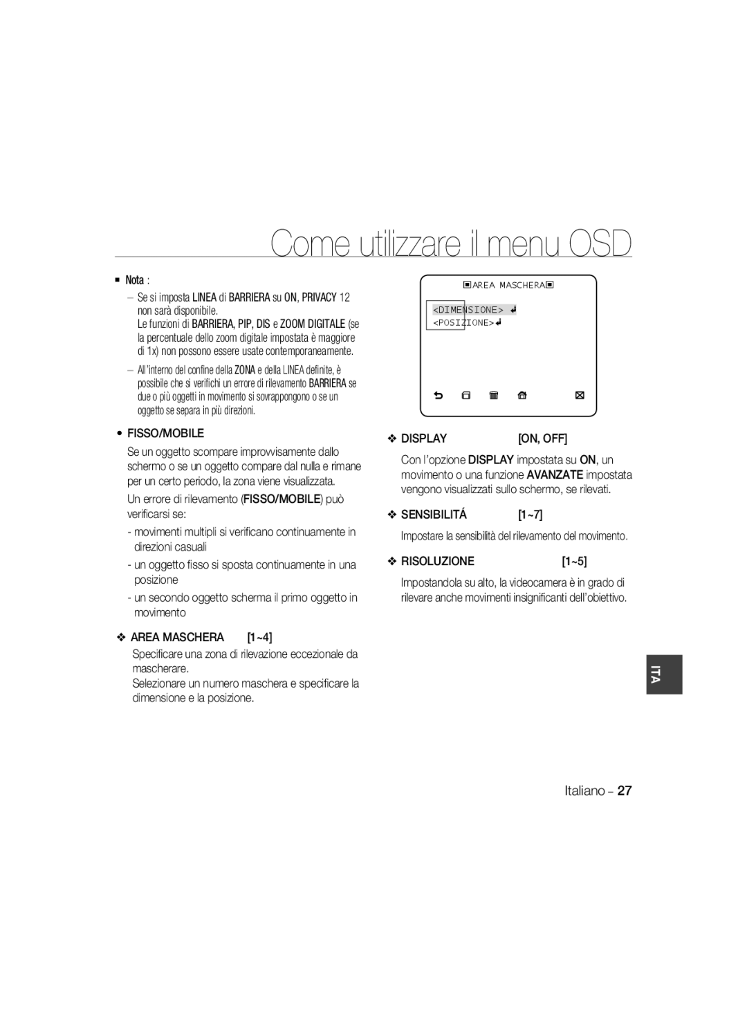 Samsung SCC-B5398P, SCC-B5396P, SCC-B5398BP manual Fisso/Mobile, Display, Sensibilitá, Risoluzione 