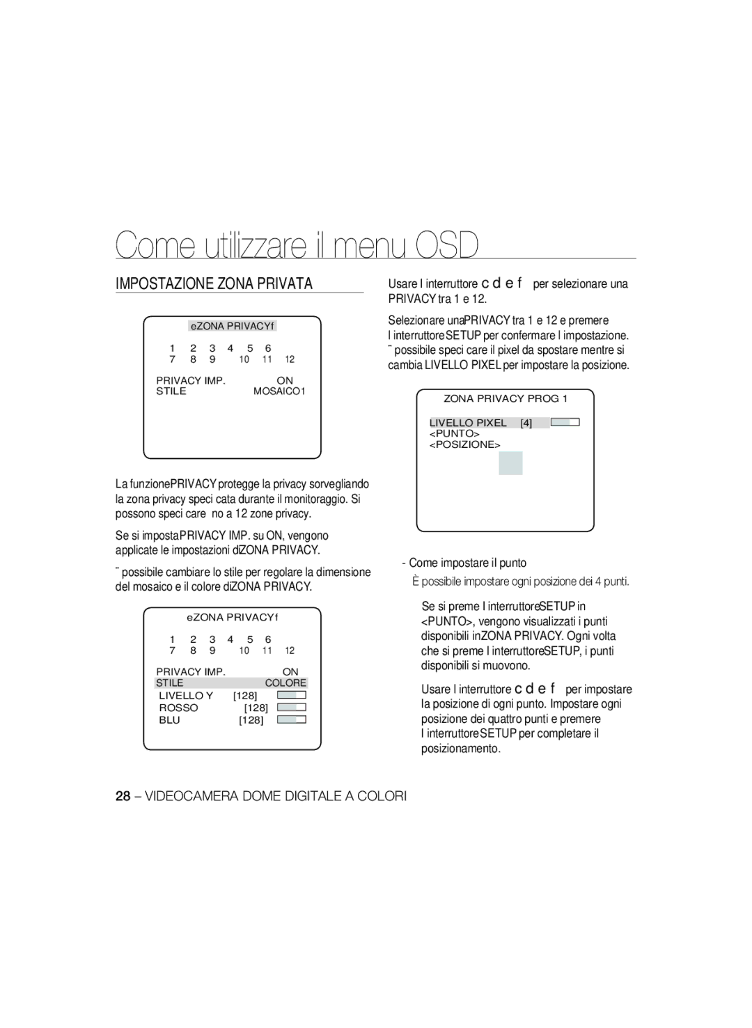 Samsung SCC-B5396P, SCC-B5398P, SCC-B5398BP manual Impostazione Zona Privata, Privacy IMP Stile MOSAICO1 