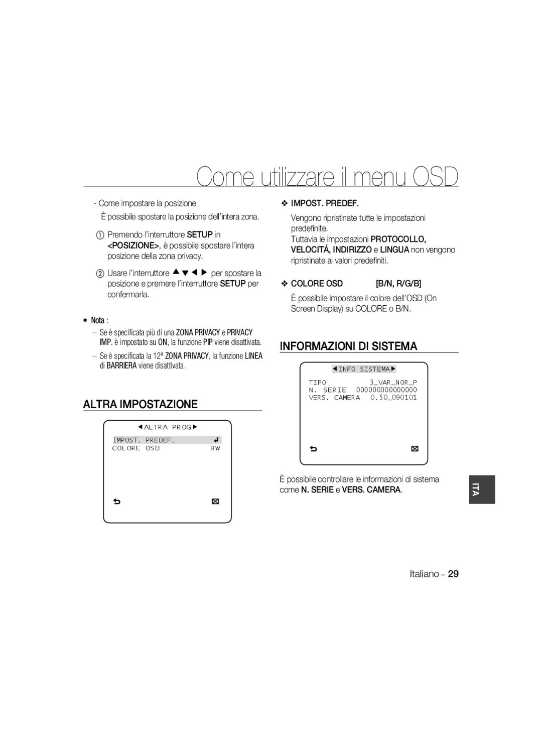 Samsung SCC-B5398BP, SCC-B5398P, SCC-B5396P manual Altra Impostazione, Informazioni DI Sistema, IMPOST. Predef, Colore OSD 