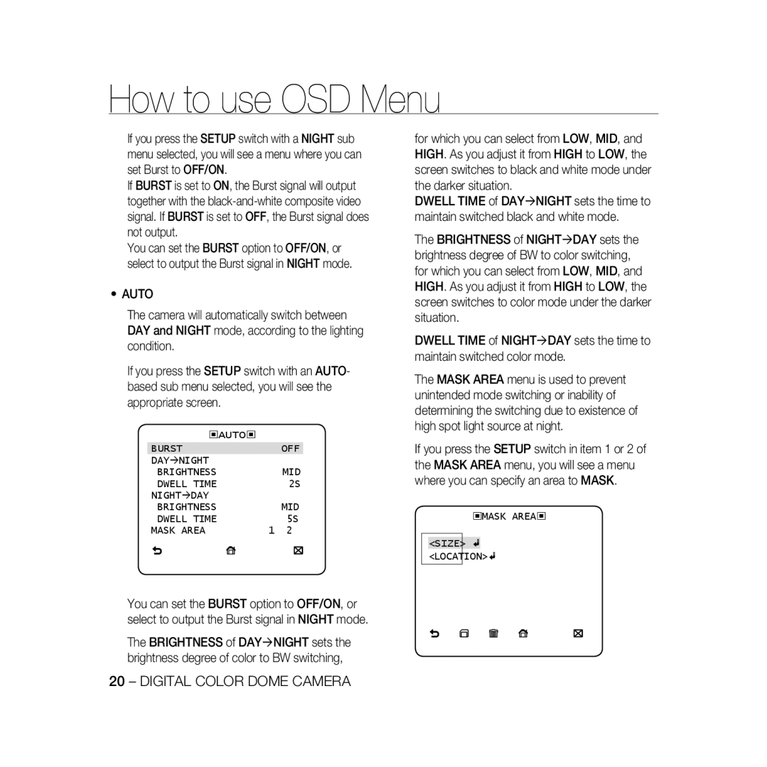 Samsung SCC-B5398BP, SCC-B5398P, SCC-B5396P manual Auto Burst OFF DAY Ænight, Night Æday, Mask Area Size Location 