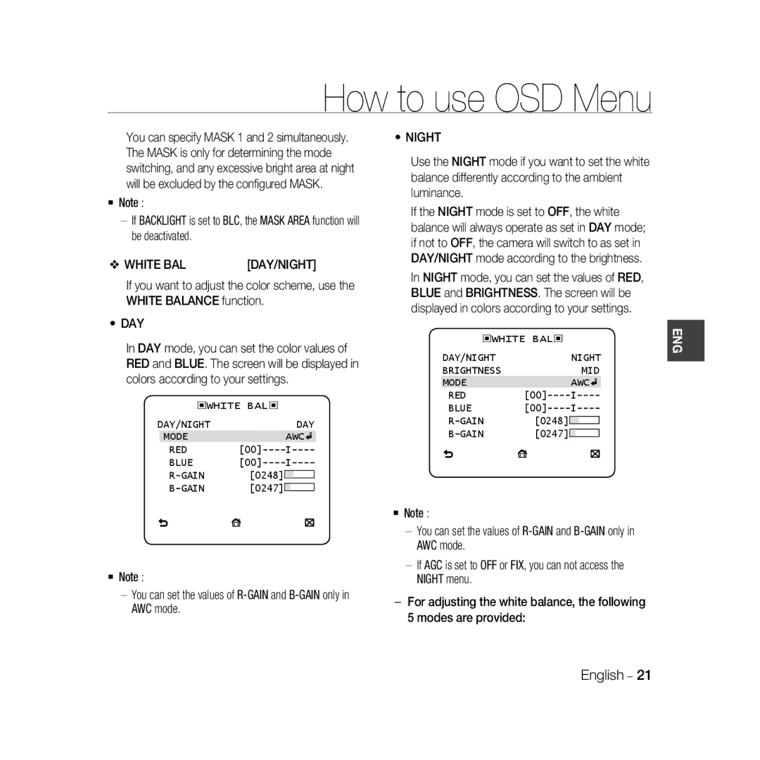 Samsung SCC-B5398P manual Day/Night, White BAL DAY/NIGHT Mode AWC RED Blue Gain, Brightness MID Mode AWC RED Blue Gain 