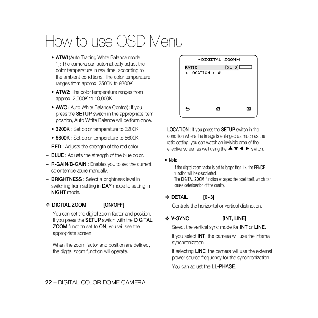 Samsung SCC-B5396P, SCC-B5398P, SCC-B5398BP manual You can adjust the LL-PHASE, On/Off, Digital Zoom Ratio, INT, Line 