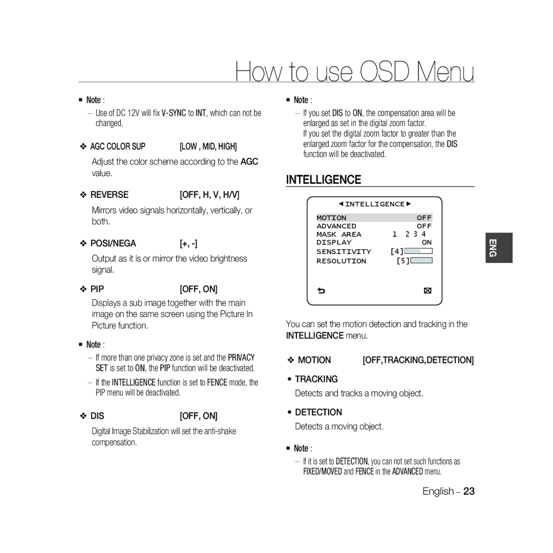 Samsung SCC-B5398BP, SCC-B5398P, SCC-B5396P manual Intelligence 