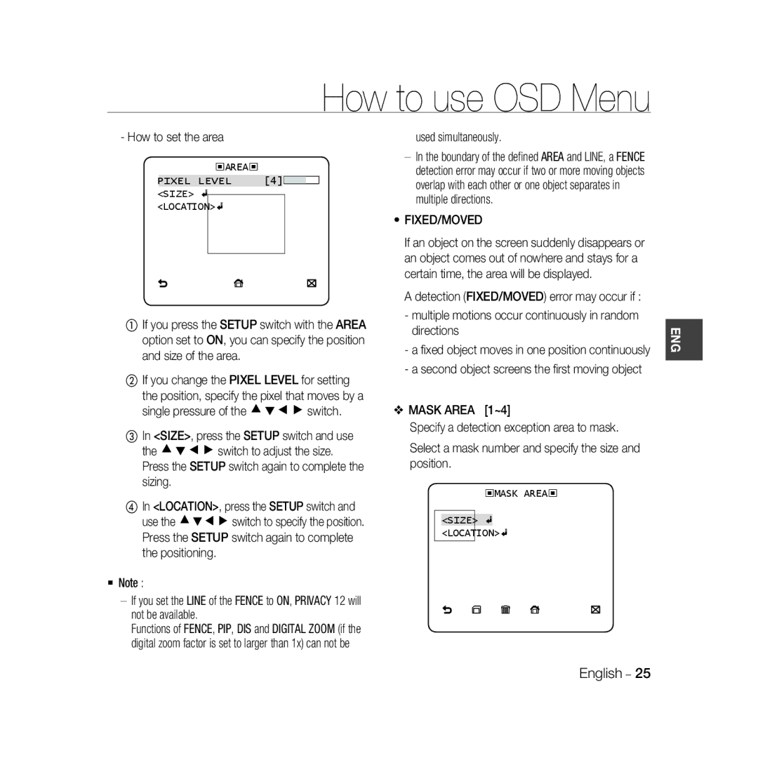 Samsung SCC-B5396P, SCC-B5398P, SCC-B5398BP manual How to set the area, Used simultaneously, Fixed/Moved 