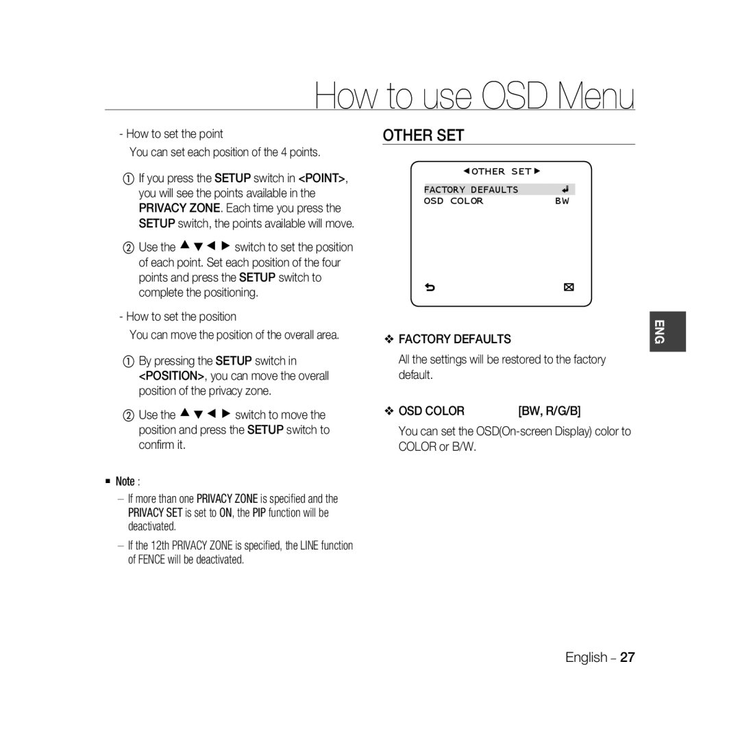 Samsung SCC-B5398P, SCC-B5396P, SCC-B5398BP manual Other SET, Factory Defaults, OSD Color 