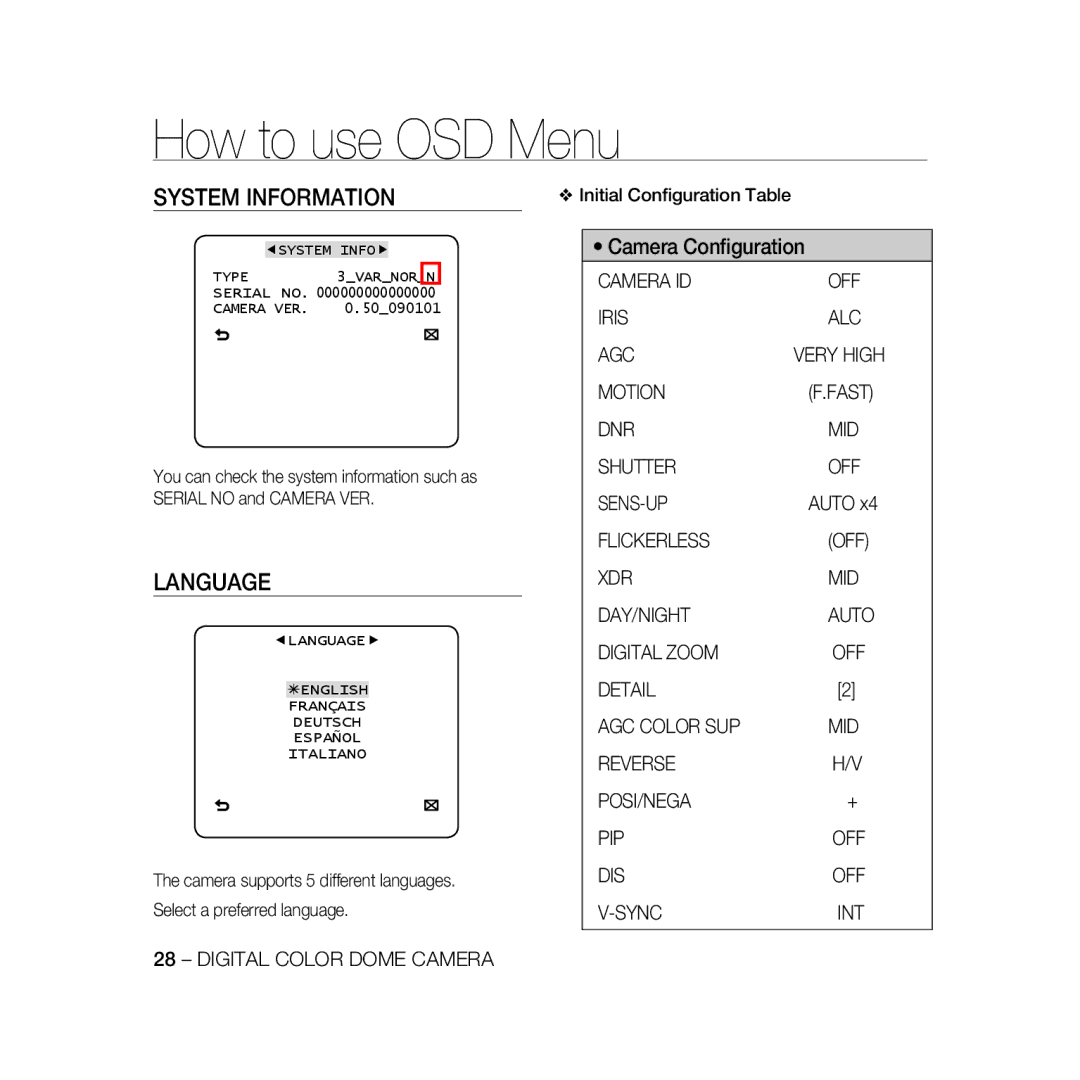 Samsung SCC-B5396P, SCC-B5398P, SCC-B5398BP manual System Information, Language 