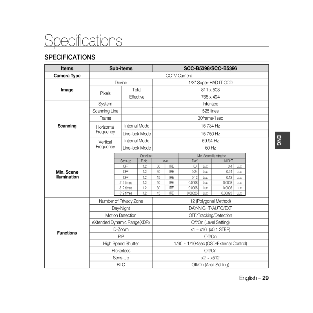 Samsung SCC-B5398BP, SCC-B5398P, SCC-B5396P manual Speciﬁcations, Specifications, Items Sub-items, Scanning, Illumination 