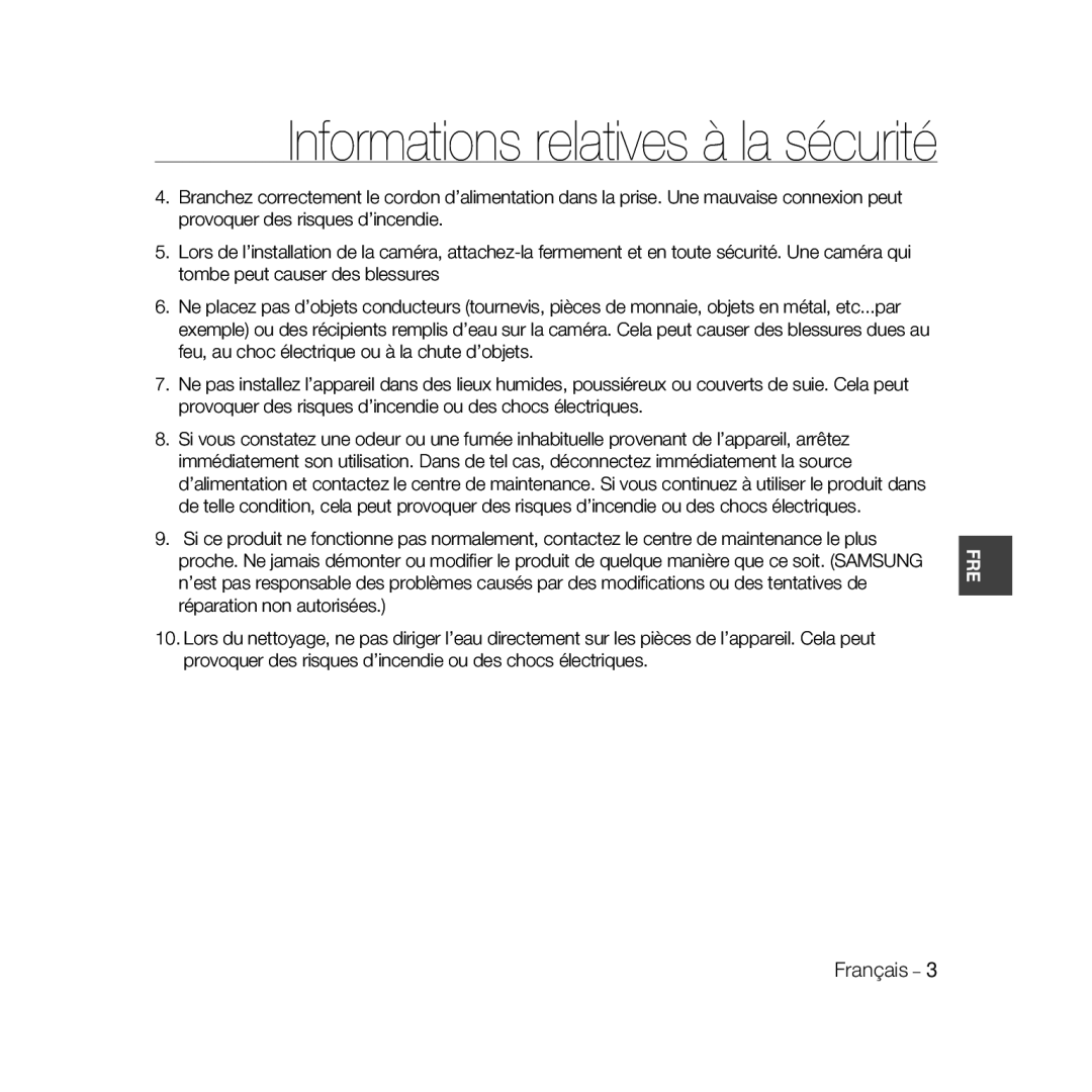 Samsung SCC-B5398P, SCC-B5396P, SCC-B5398BP manual Français 