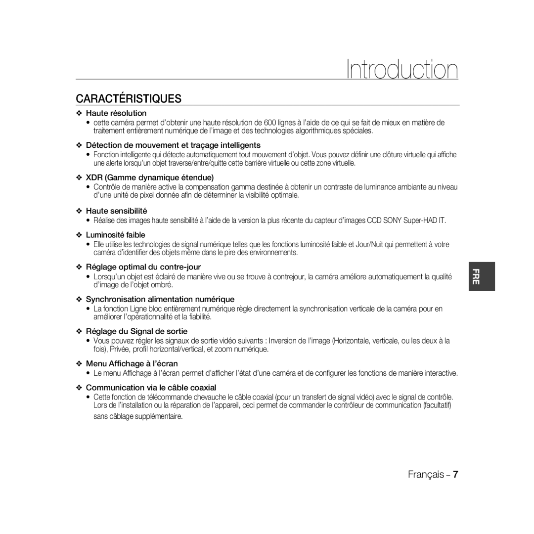 Samsung SCC-B5396P Caractéristiques, Haute résolution, Détection de mouvement et traçage intelligents, Luminosité faible 