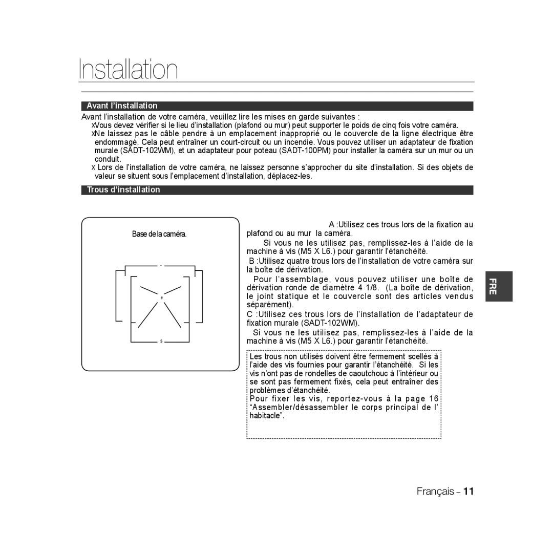 Samsung SCC-B5398BP, SCC-B5398P, SCC-B5396P manual Avant l’installation 