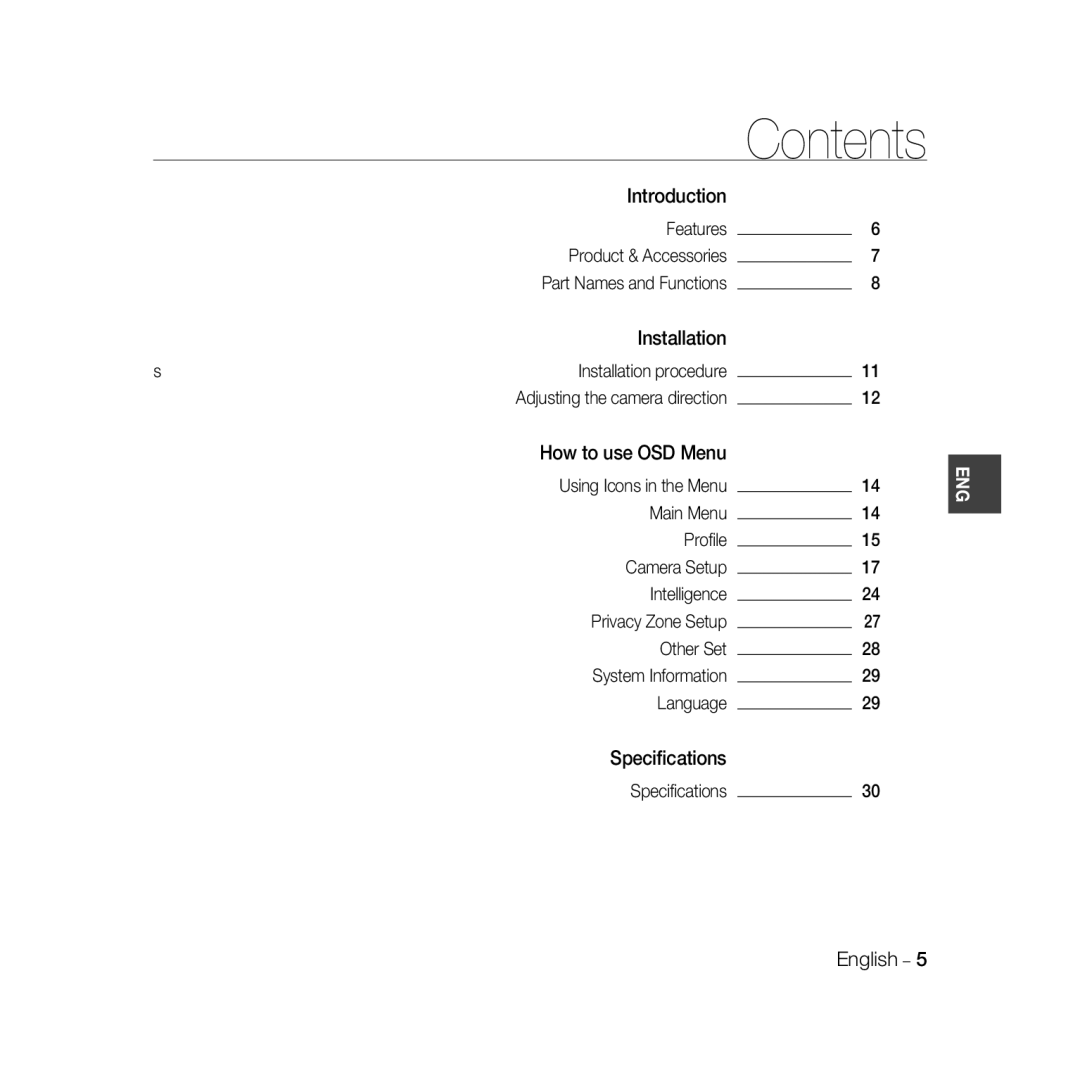 Samsung SCC-B5398BP, SCC-B5398P, SCC-B5396P manual Contents 