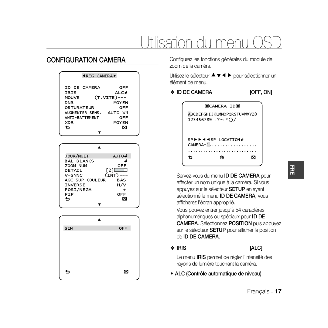 Samsung SCC-B5398BP, SCC-B5398P, SCC-B5396P Configuration Camera, ID DE CAMERAOFF, on, Rayons de lumière touchant la caméra 