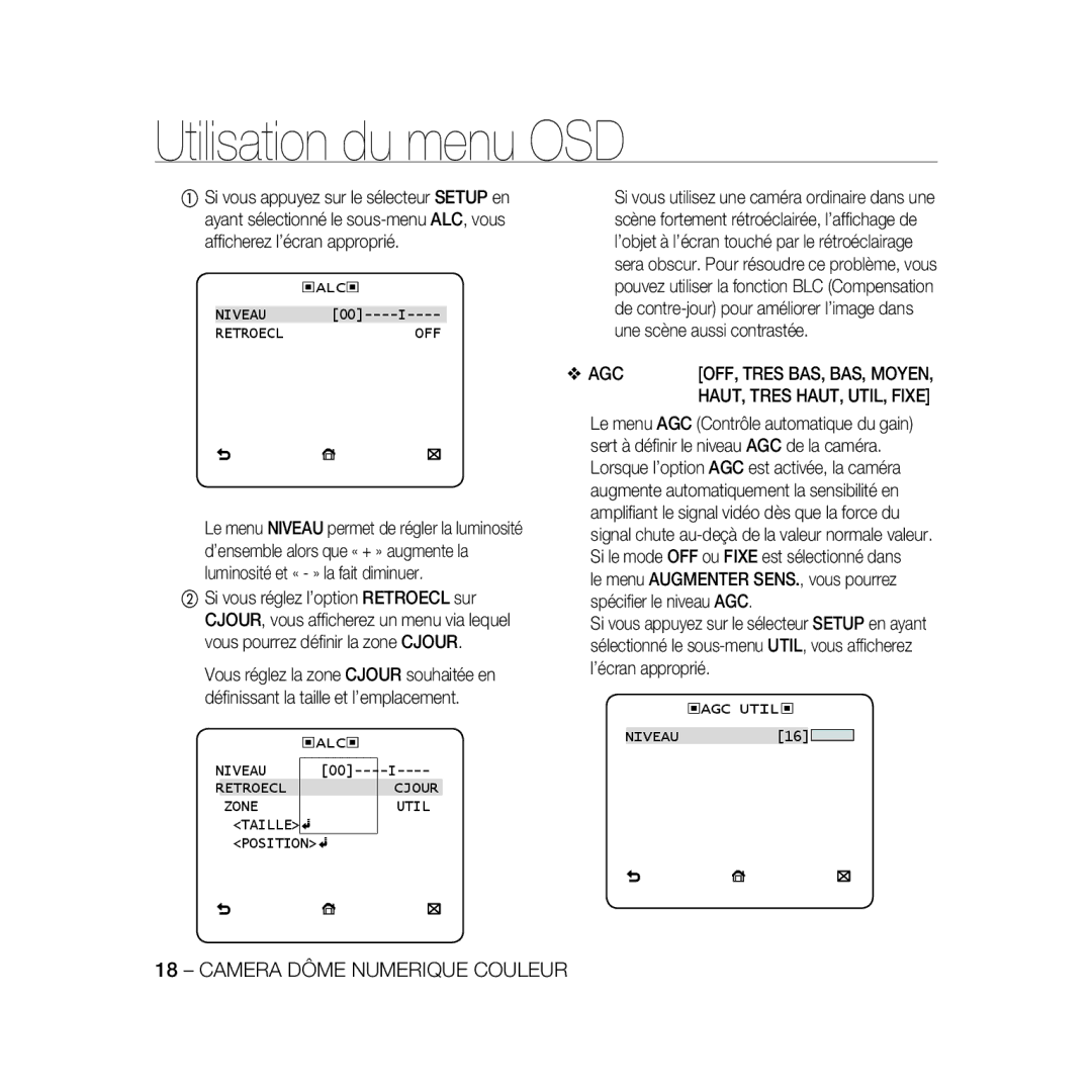 Samsung SCC-B5398P, SCC-B5396P manual Agc, ALC Niveau Retroecl Cjour Zone Util, OFF, Tres BAS, BAS, Moyen, AGC Util 