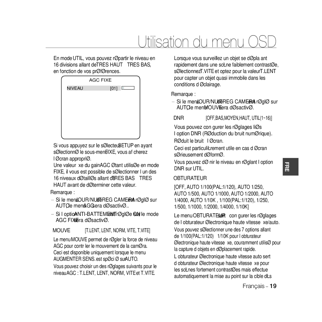 Samsung SCC-B5396P, SCC-B5398P, SCC-B5398BP manual Mouve, Dnr, Obturateur, AGC Fixe 