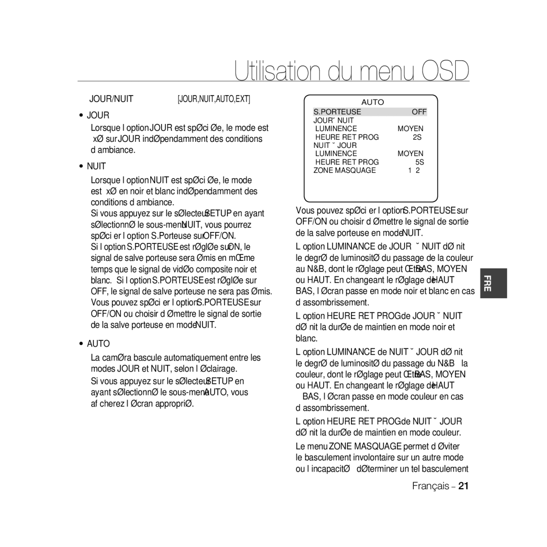 Samsung SCC-B5398P, SCC-B5396P, SCC-B5398BP manual Jour/Nuit, BAS, l’écran passe en mode couleur en cas d’assombrissement 