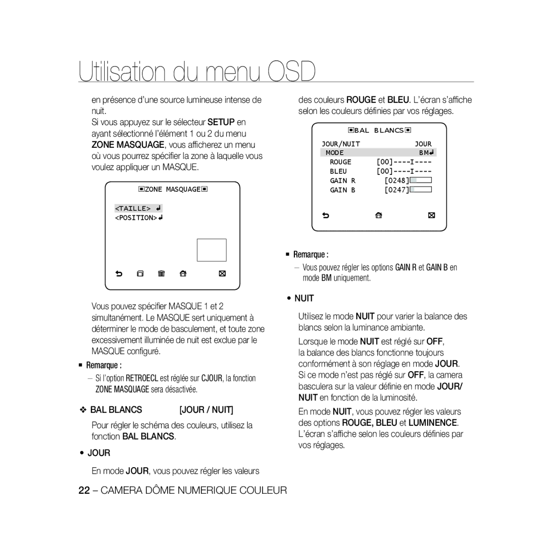 Samsung SCC-B5396P manual BAL Blancs, En mode JOUR, vous pouvez régler les valeurs, Zone Masquage Taille Position, Gain B 