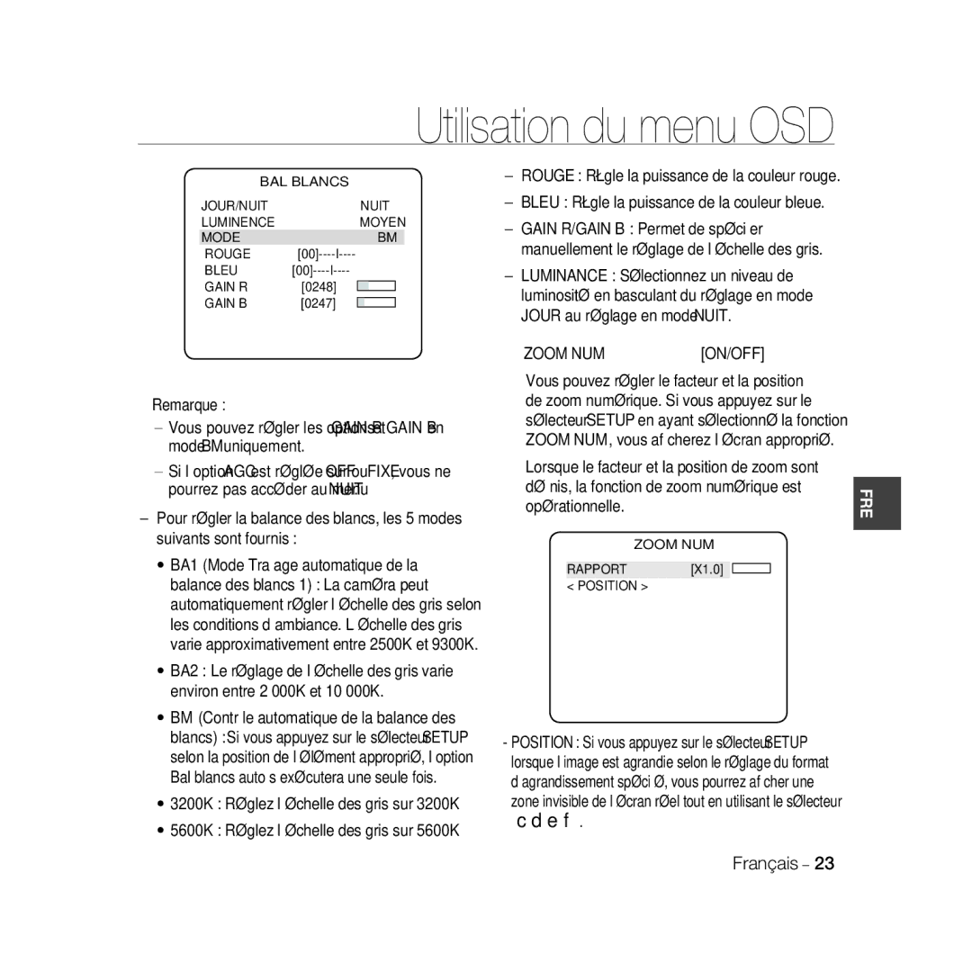 Samsung SCC-B5398BP, SCC-B5398P, SCC-B5396P manual Zoom NUM Rapport 