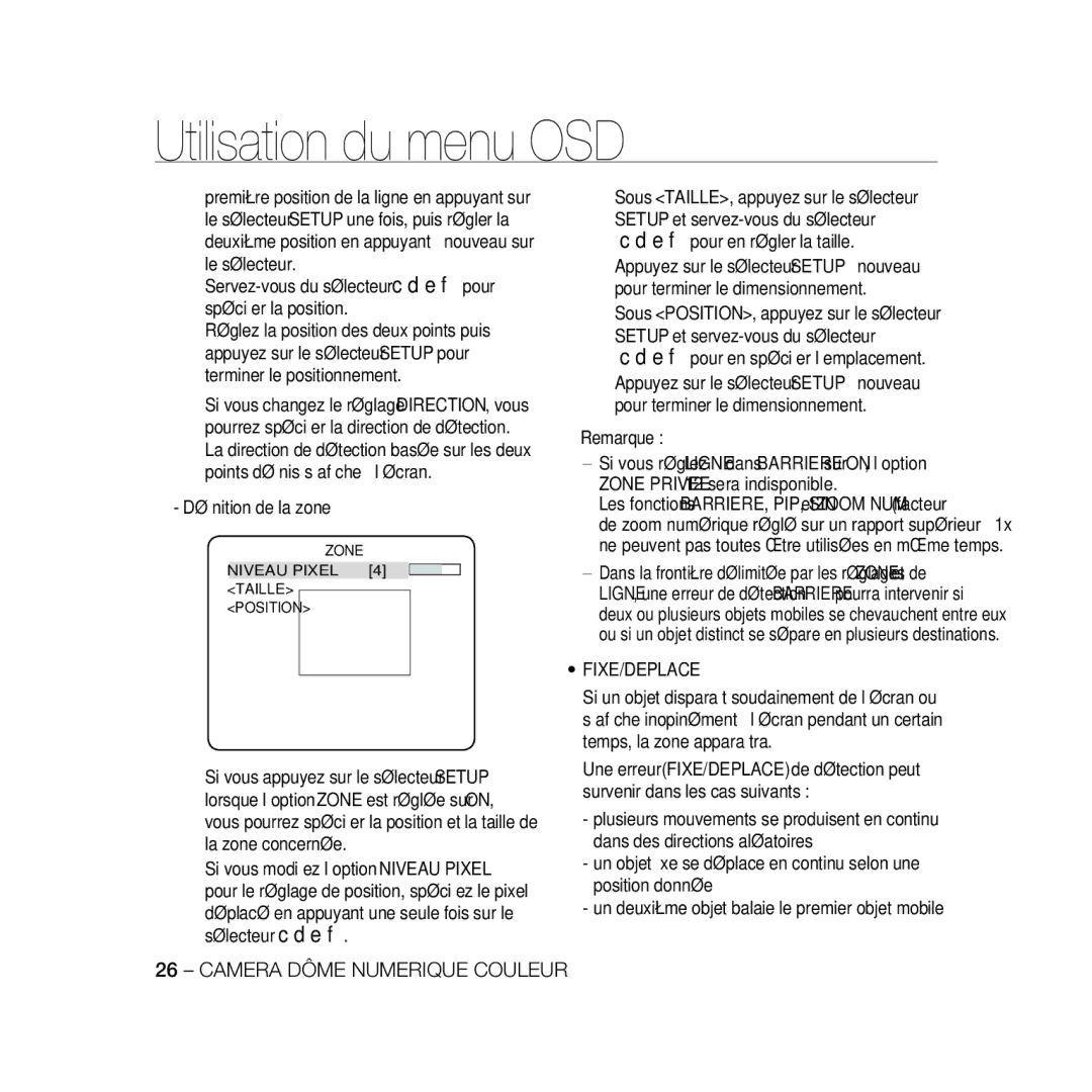 Samsung SCC-B5398BP, SCC-B5398P, SCC-B5396P ④ Sous POSITION, appuyez sur le sélecteur, Fixe/Deplace, Niveau Pixel Taille 