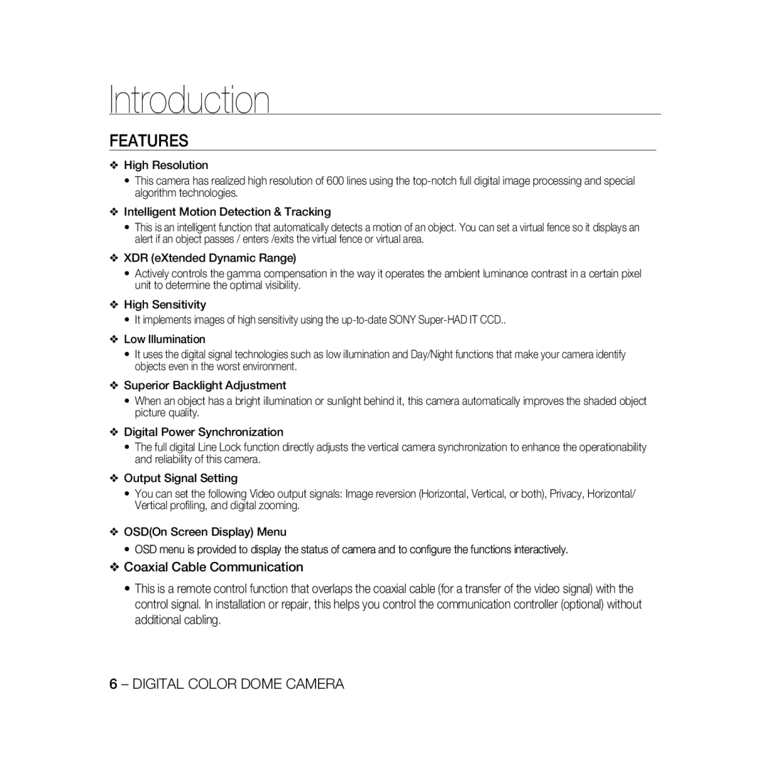 Samsung SCC-B5398P, SCC-B5396P, SCC-B5398BP manual Introduction, Features 