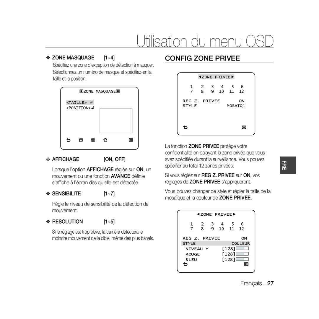 Samsung SCC-B5398P, SCC-B5396P, SCC-B5398BP manual Config Zone Privee, Zone Masquage 1~4, Affichage, Sensibilite 