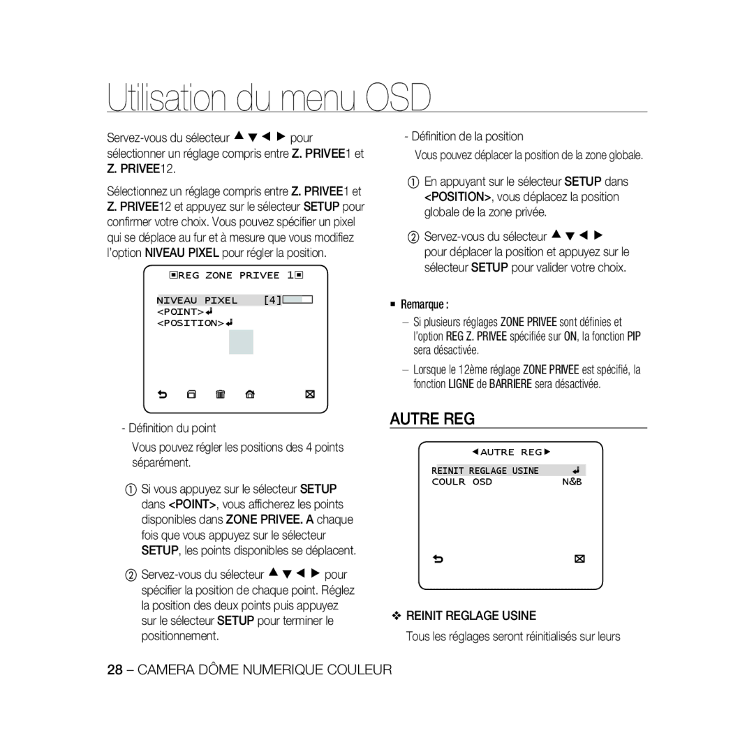 Samsung SCC-B5396P, SCC-B5398P manual Autre REG, Reinit Reglage Usine, Tous les réglages seront réinitialisés sur leurs 