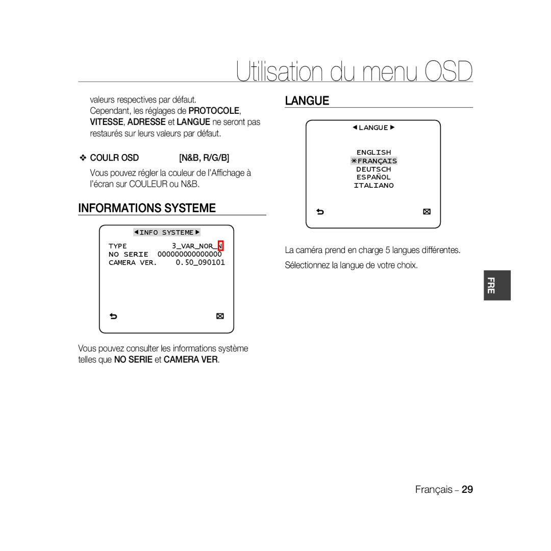 Samsung SCC-B5398BP, SCC-B5398P, SCC-B5396P manual Informations Systeme, Langue, Coulr OSD, R/G/B, Camera VER 